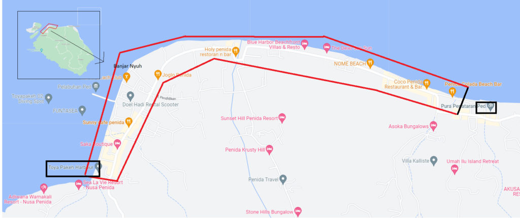 Map of Toyapakeh and Ped, Nusa Penida